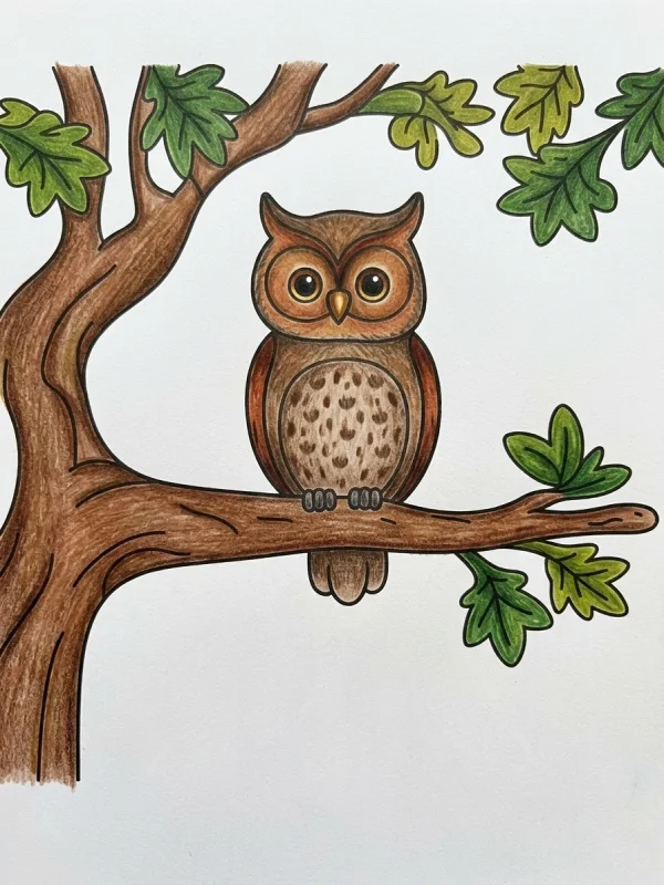 Tree coloring page colored in with pencils