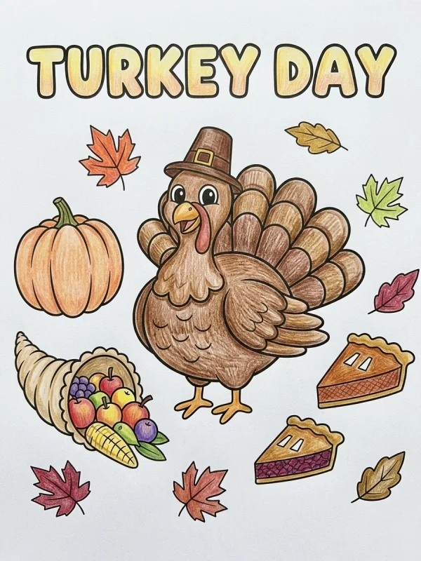 Turkey coloring page colored in with pencils