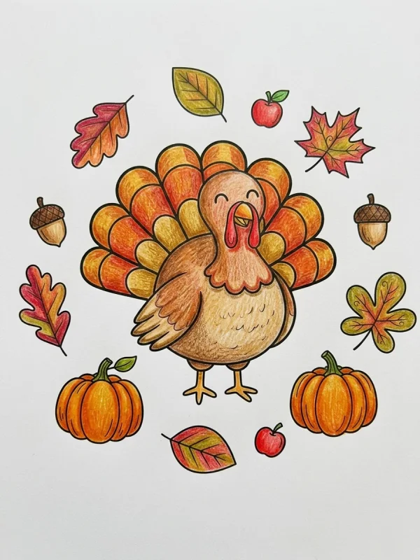 Turkey coloring page colored in with pencils