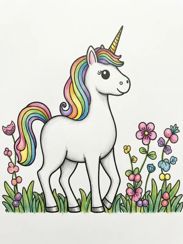 Unicorns coloring page colored in with pencils