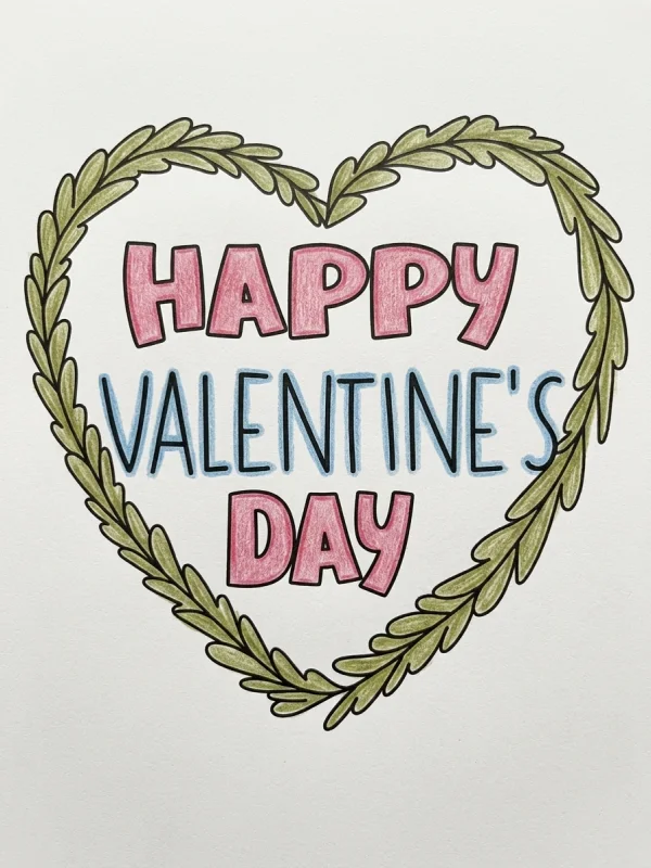 Valentine coloring page colored in with pencils