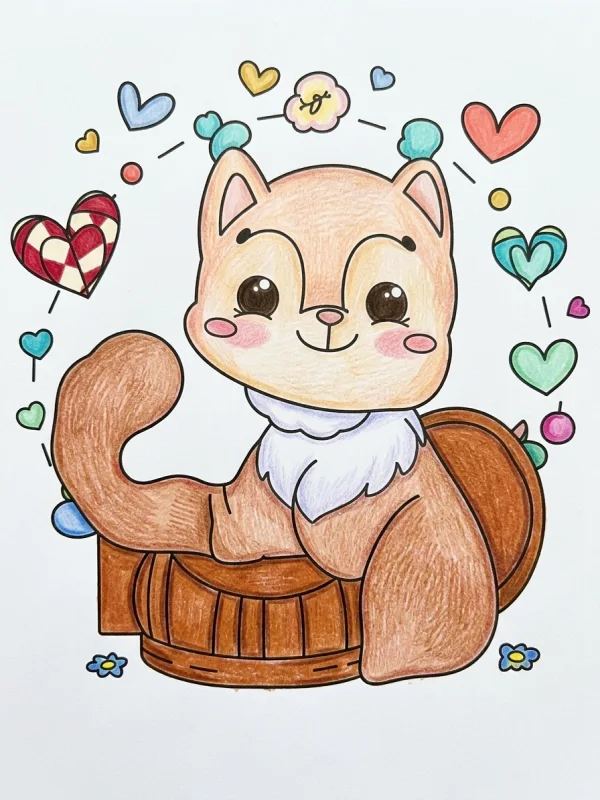 Valentine coloring page colored in with pencils