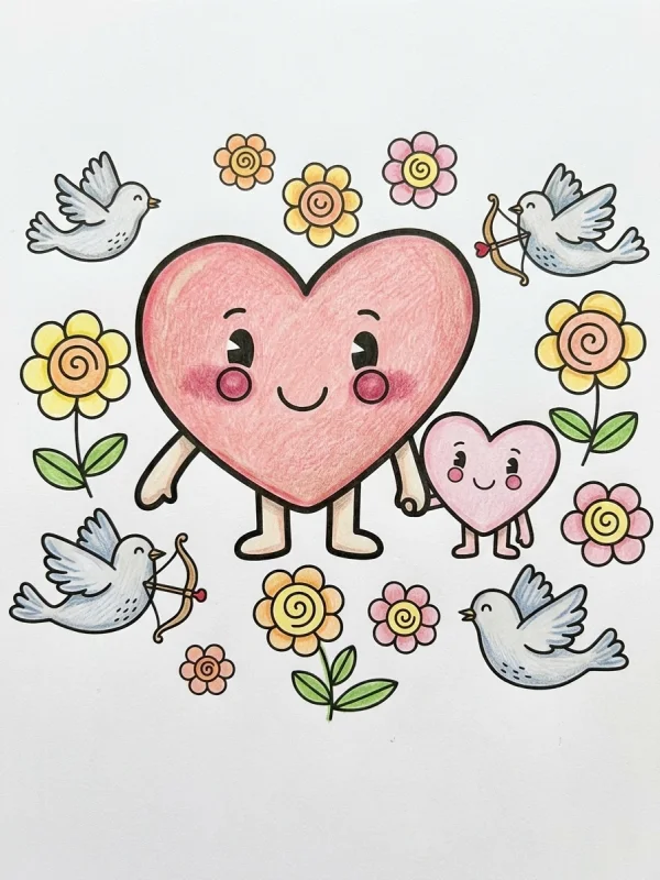 Valentine's Day coloring page colored in with pencils