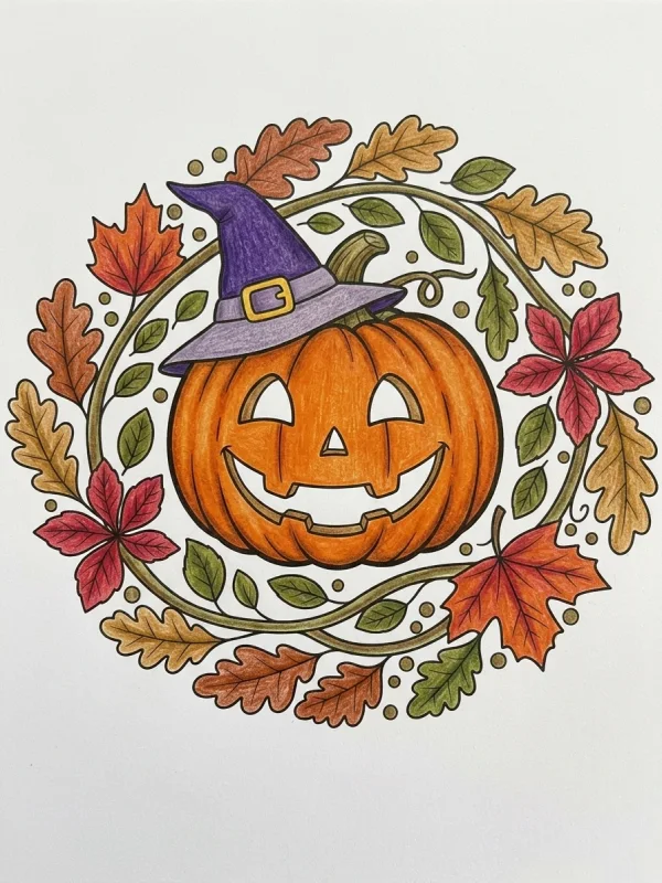 Witch Hat coloring page colored in with pencils