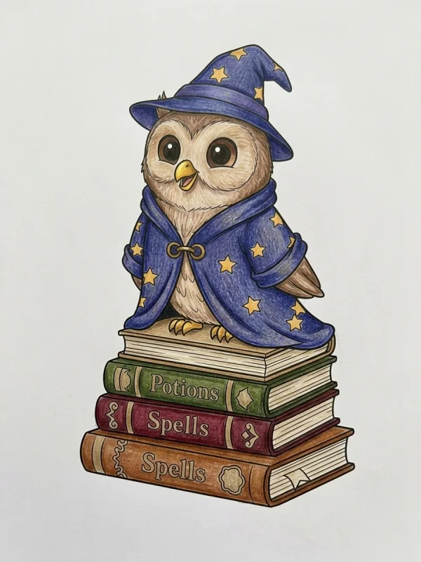 Wizard coloring page colored in with pencils