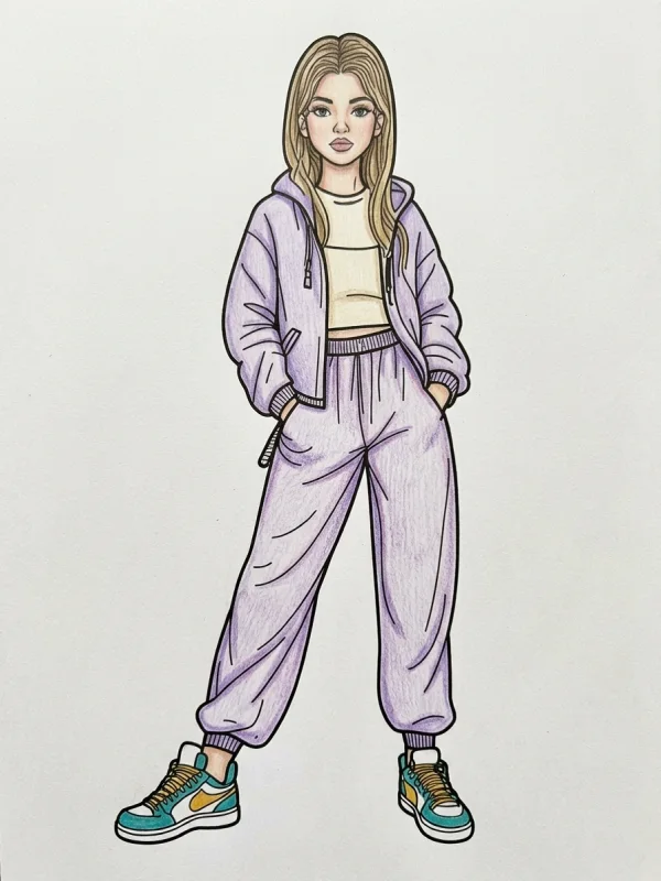 Woman coloring page colored in with pencils